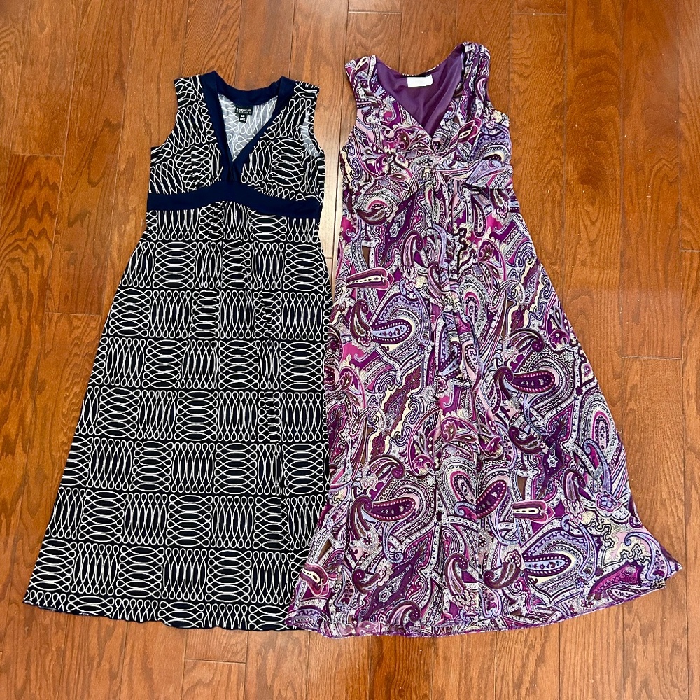 Lot of 2 Dresses Midi Maxi Sleeveless Purple Paisley Navy Blue Pattern
